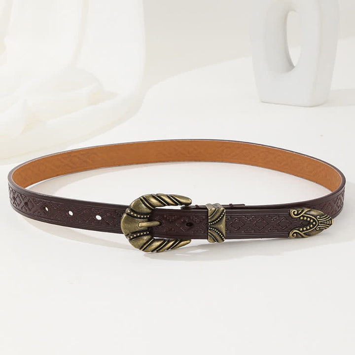 Women's Rhombus Embossed Coffee Leather Belt