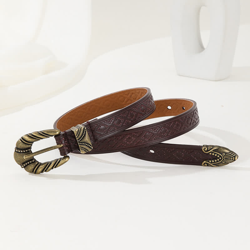 Women's Rhombus Embossed Coffee Leather Belt