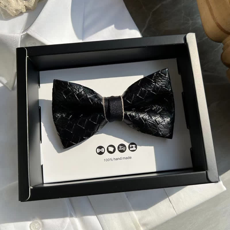 Men's Weave Pattern Design Black Leather Bow Tie