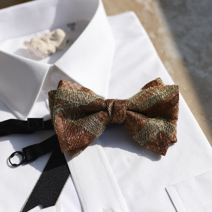 Men's Vintage Brown & Gold Linen Striped Bow Tie