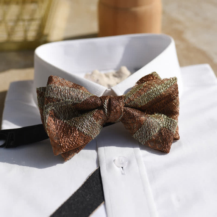 Men's Vintage Brown & Gold Linen Striped Bow Tie