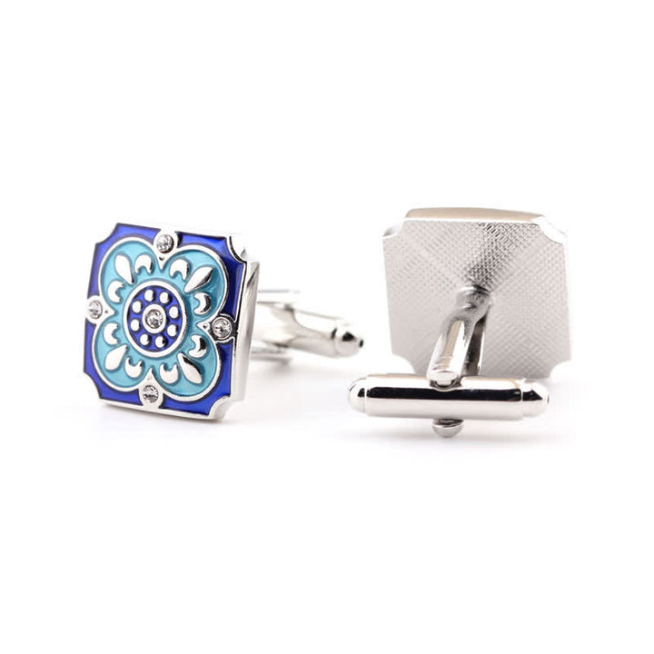 Men's Square Retro Blue Enamel Flower Cufflinks