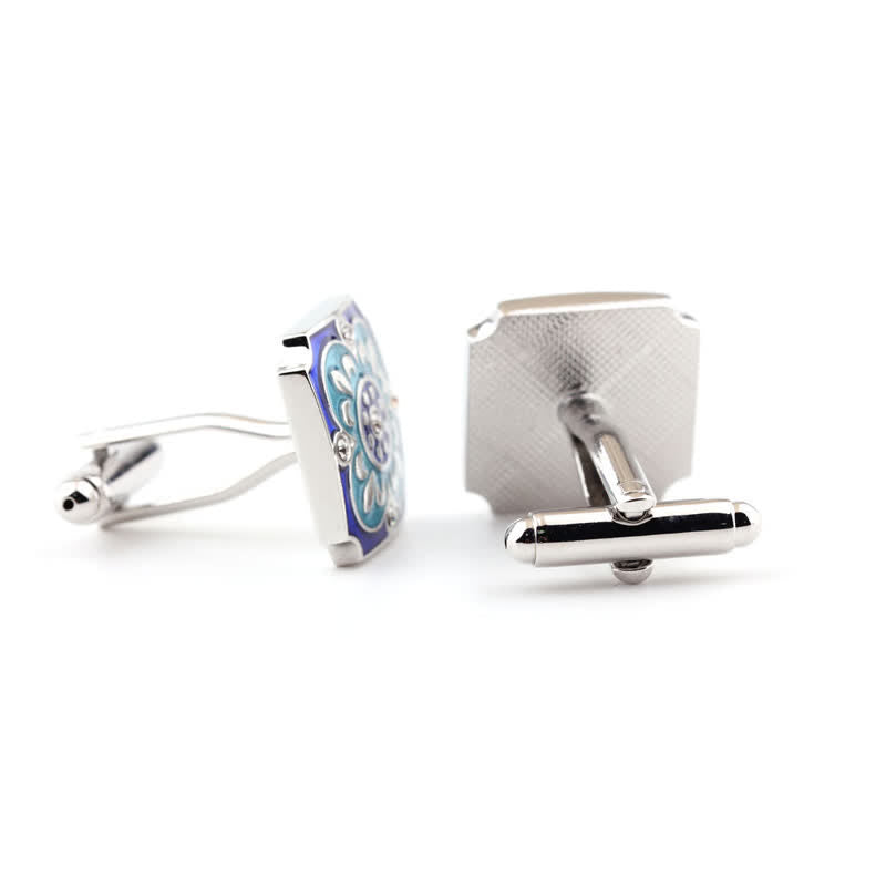 Men's Square Retro Blue Enamel Flower Cufflinks