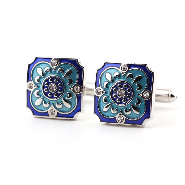 Men's Square Retro Blue Enamel Flower Cufflinks