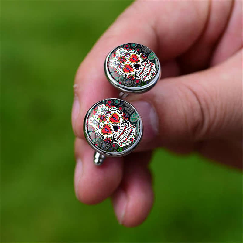 Men's Mexican Folk Art Sugar Skull Cufflinks - image 2