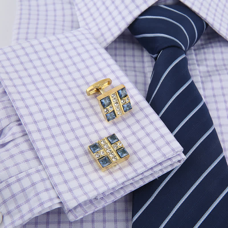 Men's Blue Crystal Rhinestone Gold Cufflinks