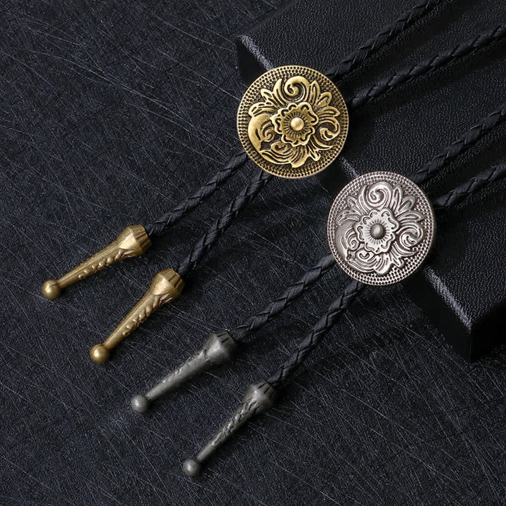 Classic Trendy Round Carved Flower Bolo Tie