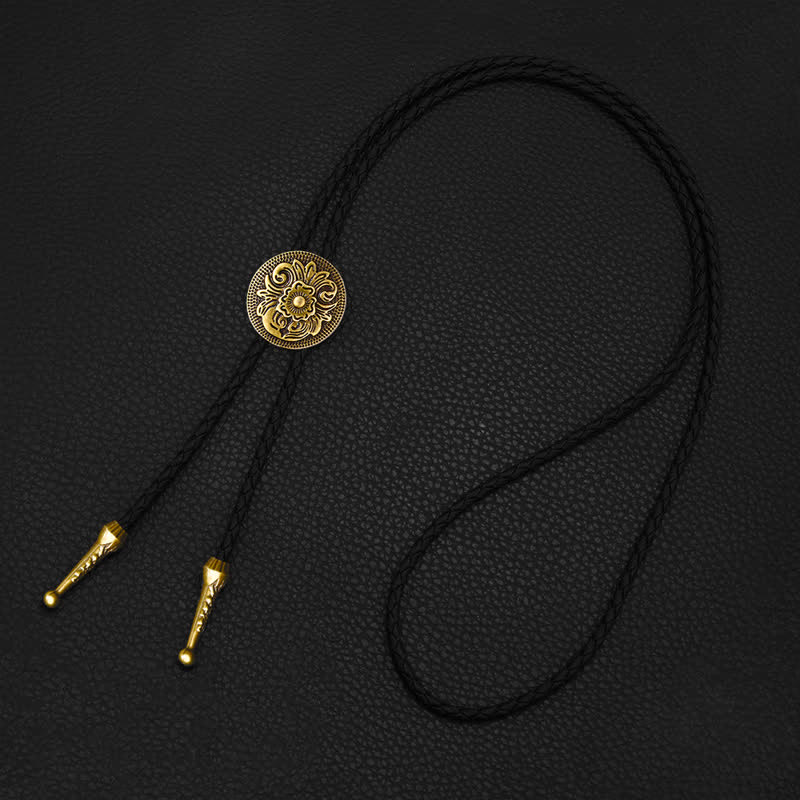 Classic Trendy Round Carved Flower Bolo Tie