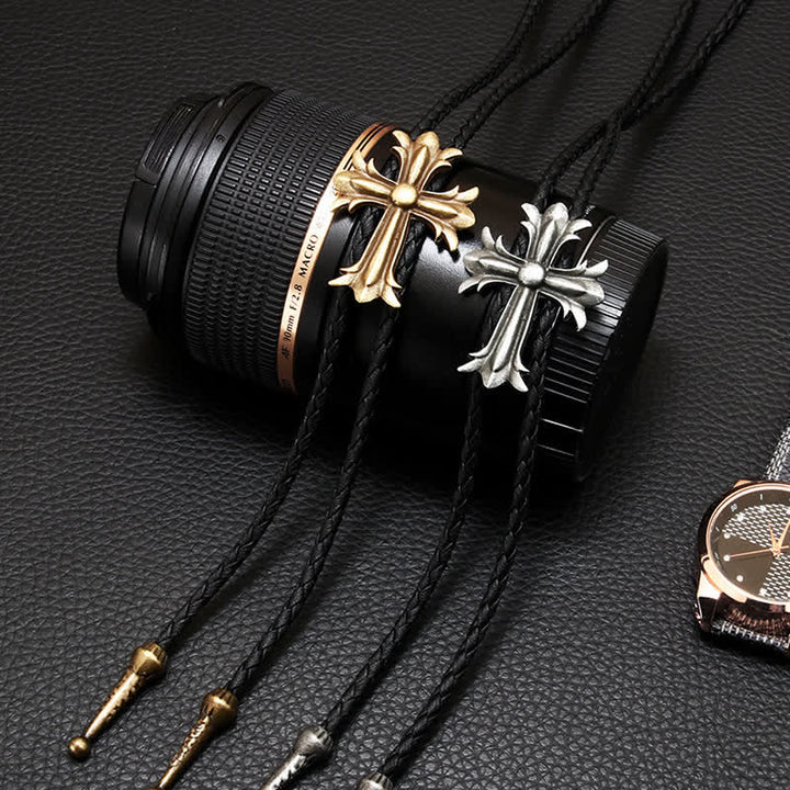 Classic Cross Pendant Braided Leather Bolo Tie