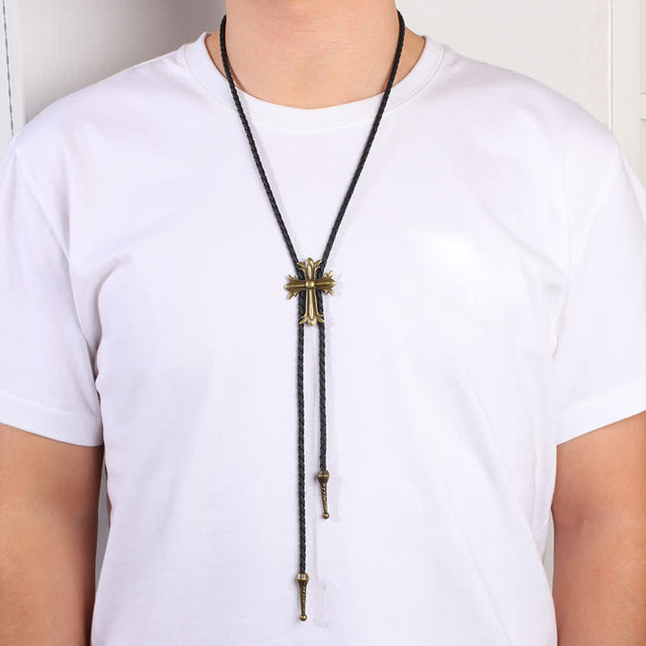 Classic Cross Pendant Braided Leather Bolo Tie