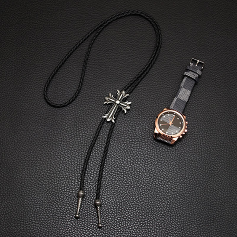 Classic Cross Pendant Braided Leather Bolo Tie