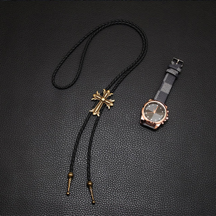 Classic Cross Pendant Braided Leather Bolo Tie