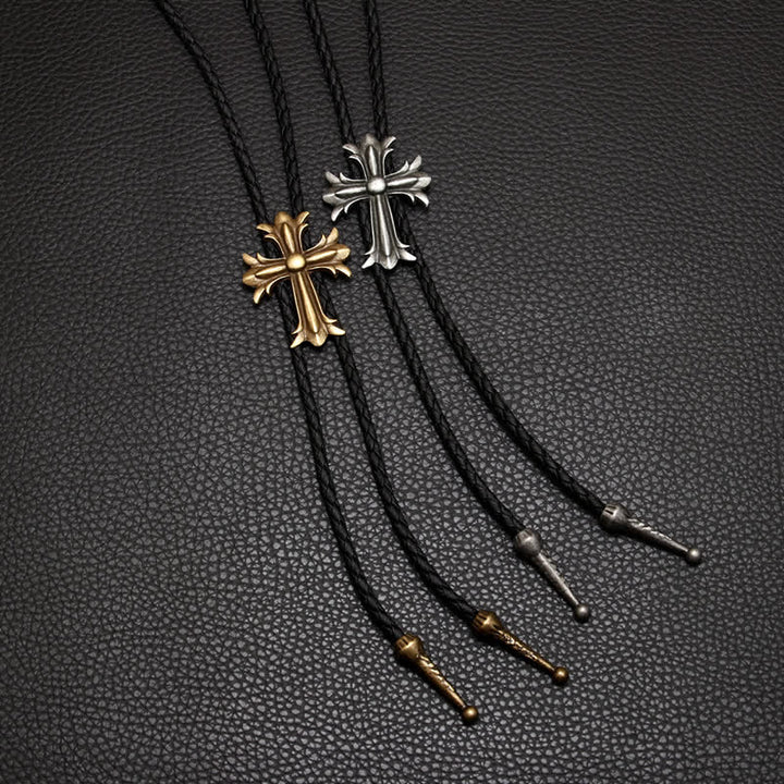 Classic Cross Pendant Braided Leather Bolo Tie