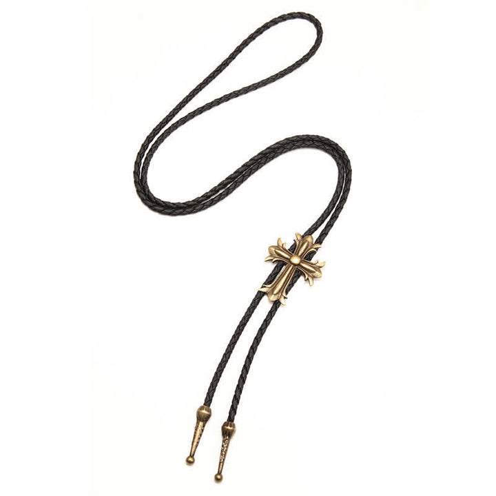 Classic Cross Pendant Braided Leather Bolo Tie