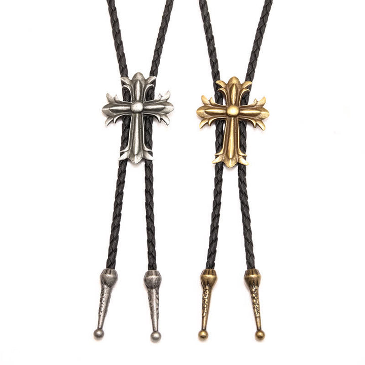 Classic Cross Pendant Braided Leather Bolo Tie