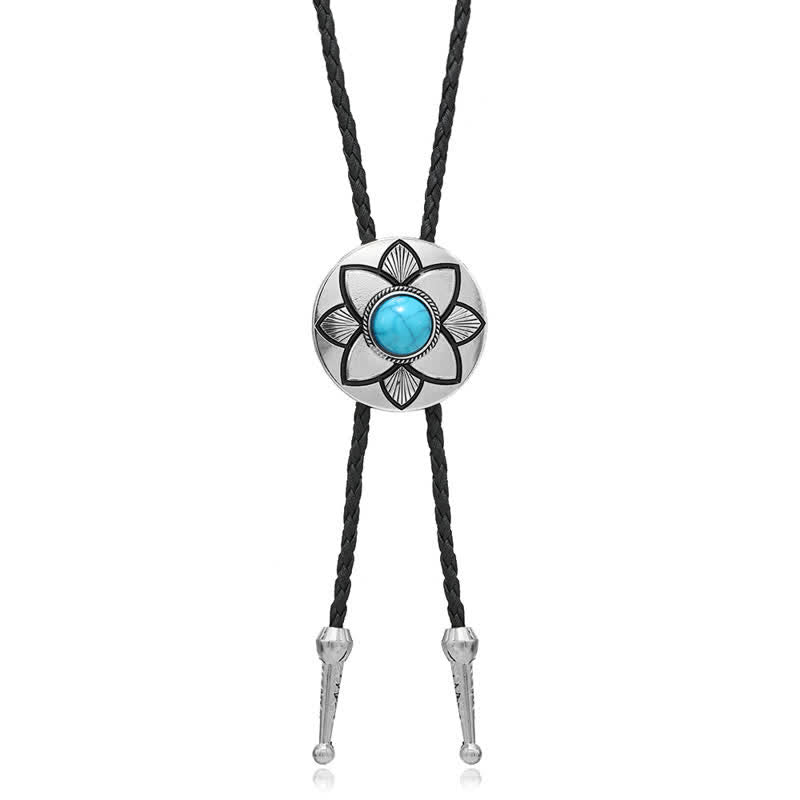 Oval Carved Petal Black Turquoise Stone Bolo Tie