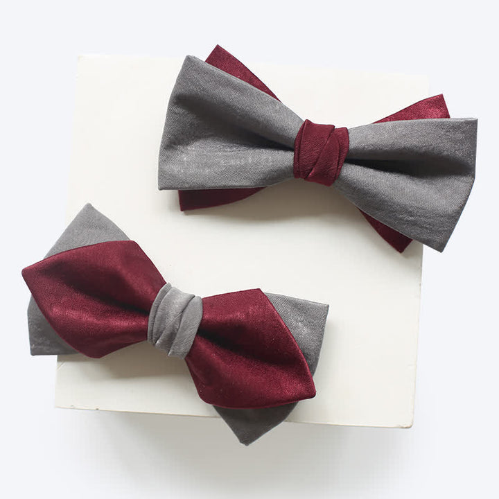 Men's Burgundy & Gray Double Layered Bow Tie