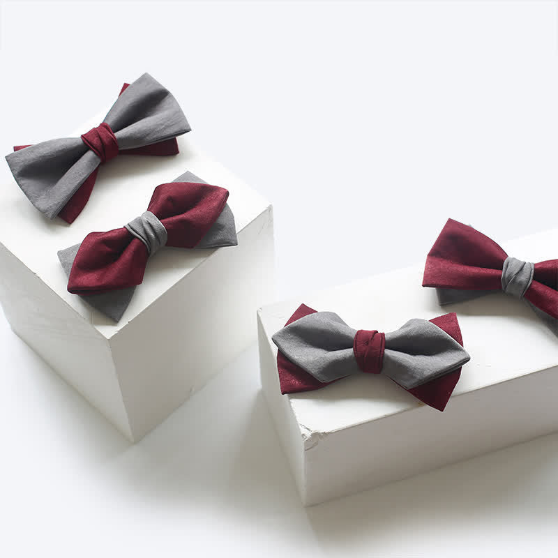 Men's Burgundy & Gray Double Layered Bow Tie