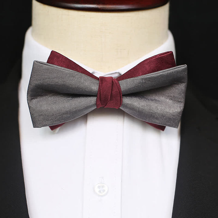 Men's Burgundy & Gray Double Layered Bow Tie