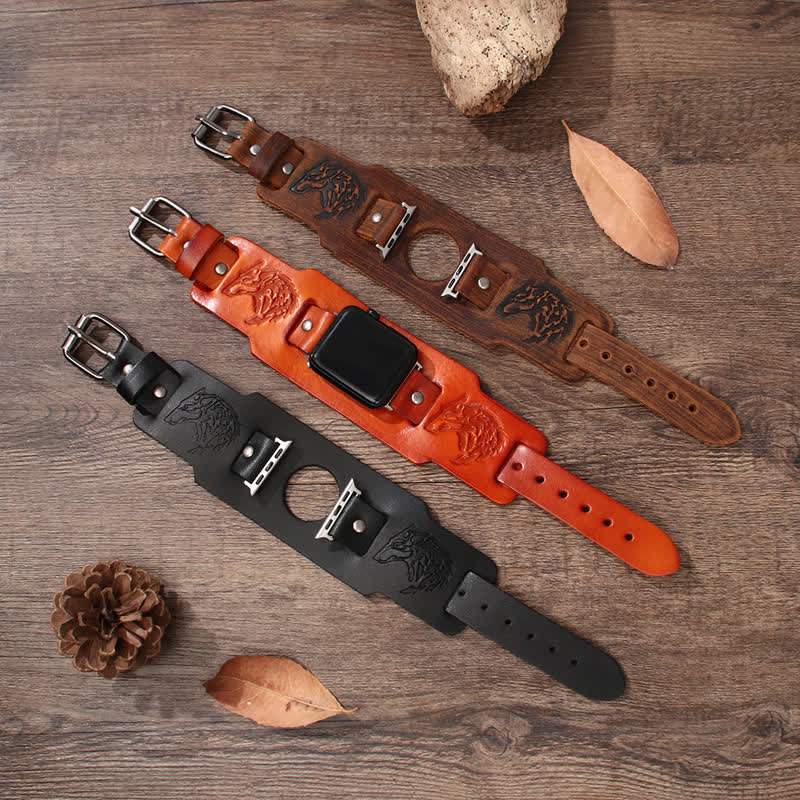 Punk Relief Wolf Bracelet Leather Watch Band - image 0