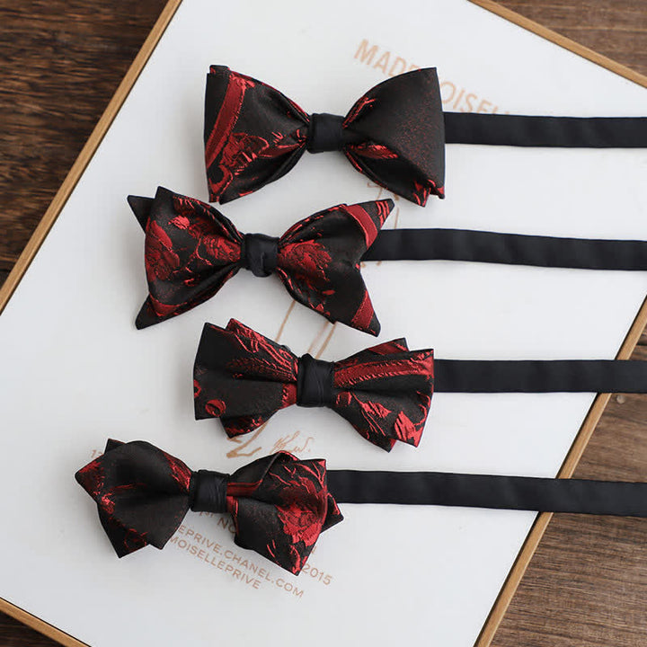 Men's Red Floral Pattern Black Bow Tie