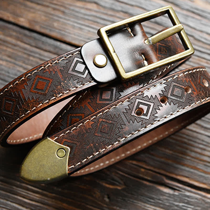 Men's Western Geometric Pattern Leather Belt