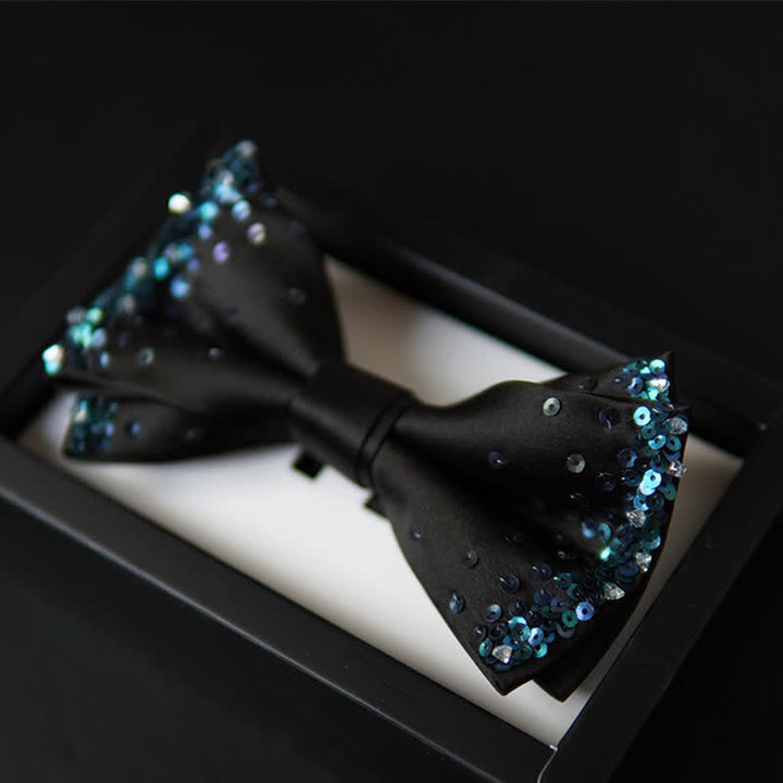 Men's Blue Shine Sequin Black Bow Tie