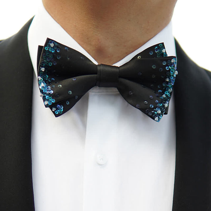 Men's Blue Shine Sequin Black Bow Tie