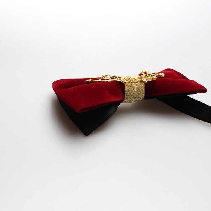 Men's Red Velvet Gold Tone Metal Flower Bow Tie