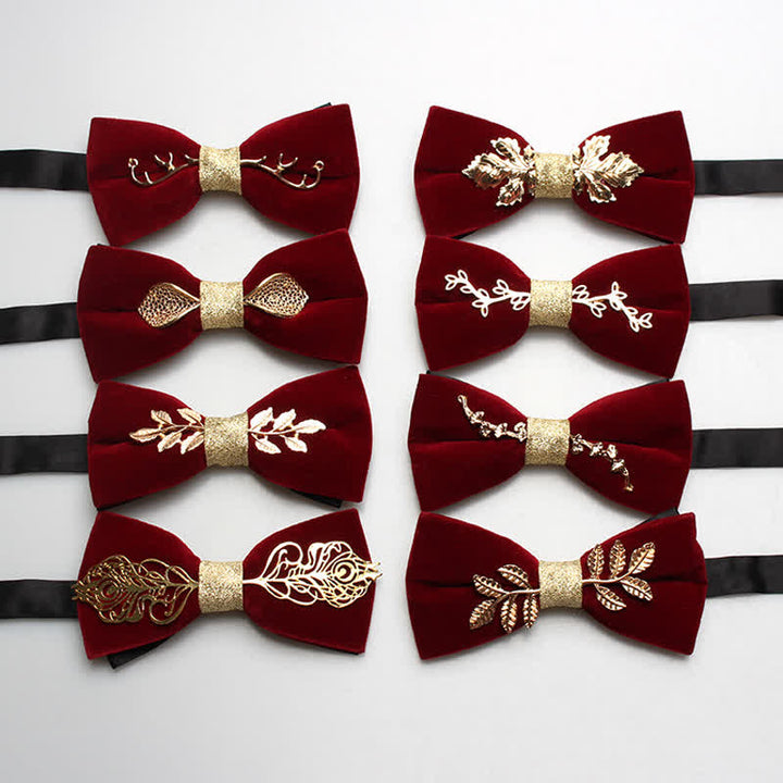 Men's Red Velvet Gold Tone Metal Flower Bow Tie