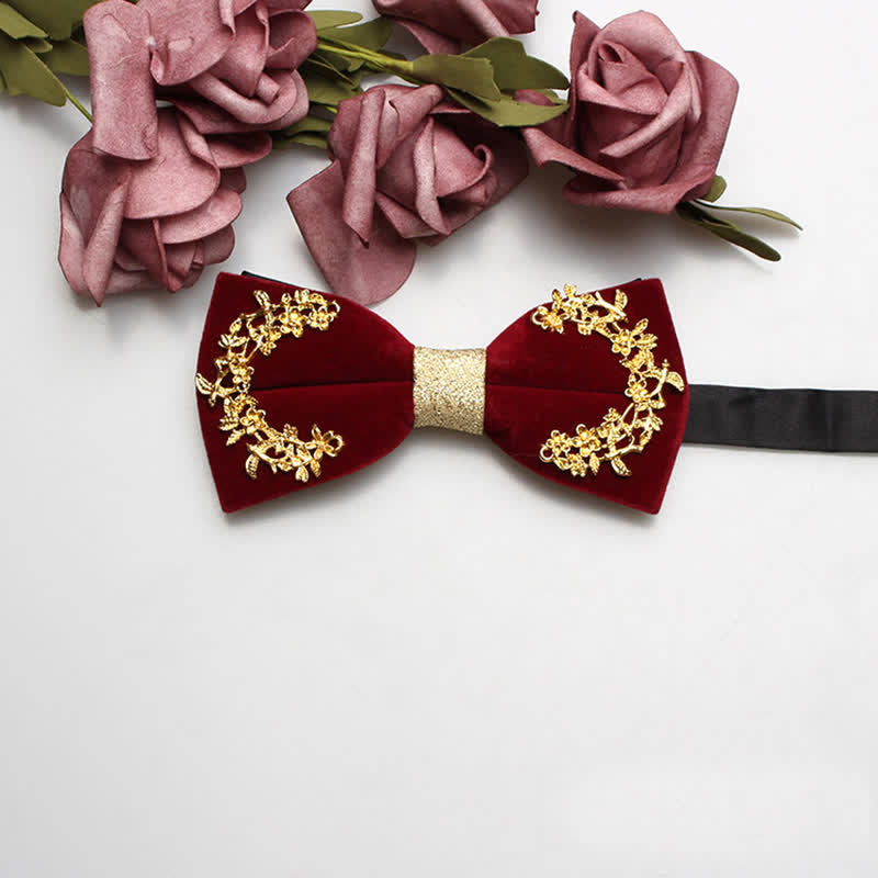 Men's Red Velvet Gold Tone Metal Flower Bow Tie