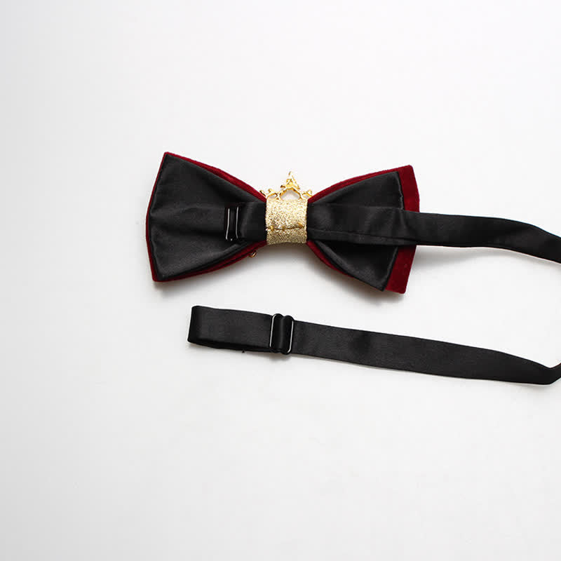 Men's Red Velvet Gold Tone Metal Flower Bow Tie