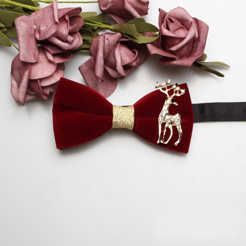 Men's Red Velvet Gold Tone Metal Flower Bow Tie