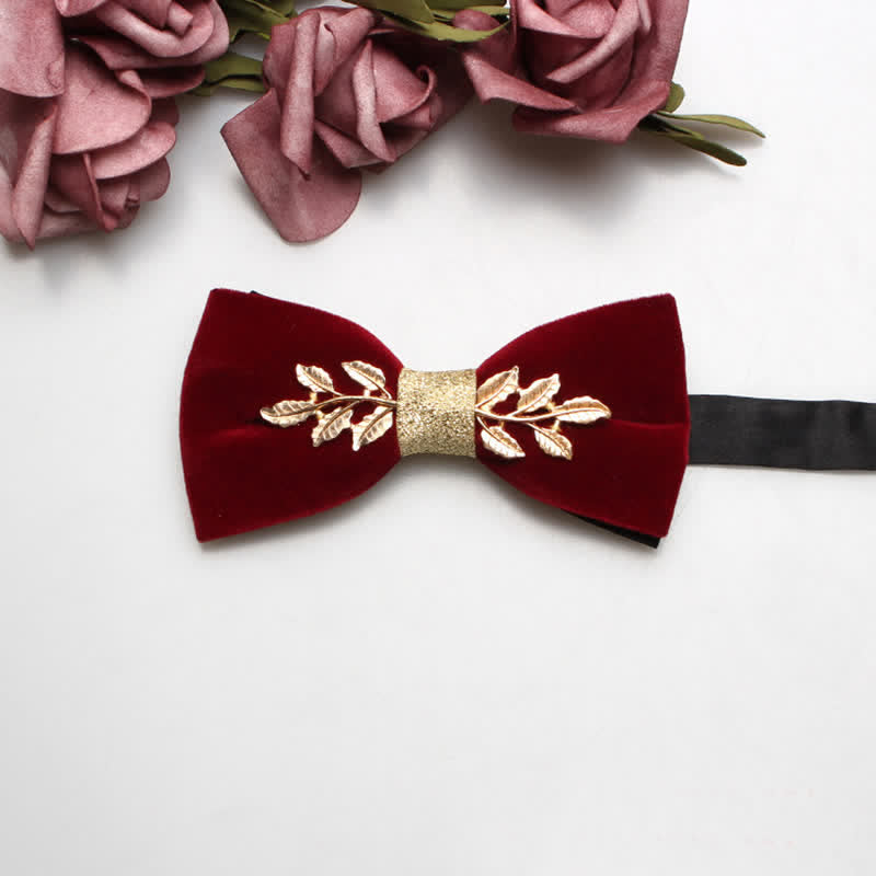 Men's Red Velvet Gold Tone Metal Flower Bow Tie