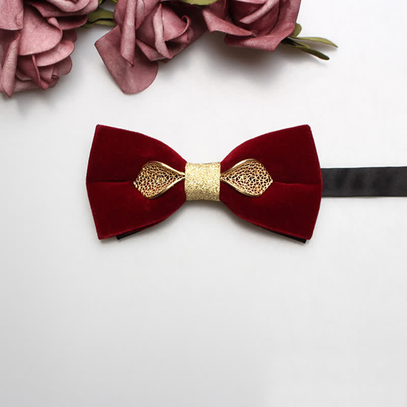 Men's Red Velvet Gold Tone Metal Flower Bow Tie