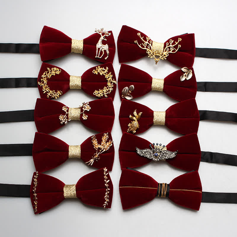 Men's Red Velvet Gold Tone Metal Flower Bow Tie