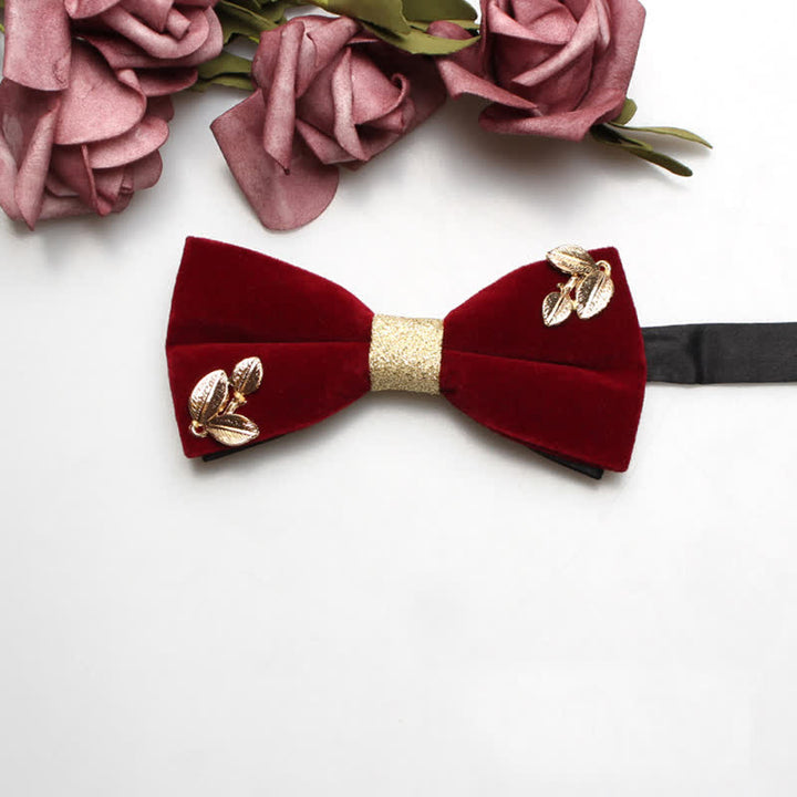 Men's Red Velvet Gold Tone Metal Flower Bow Tie