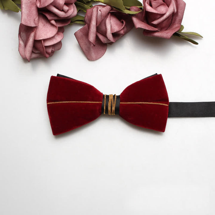 Men's Red Velvet Gold Tone Metal Flower Bow Tie