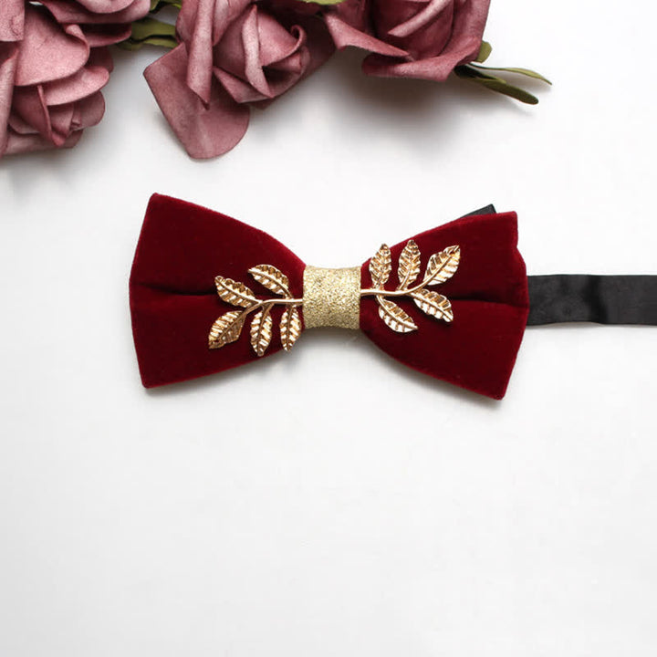 Men's Red Velvet Gold Tone Metal Flower Bow Tie