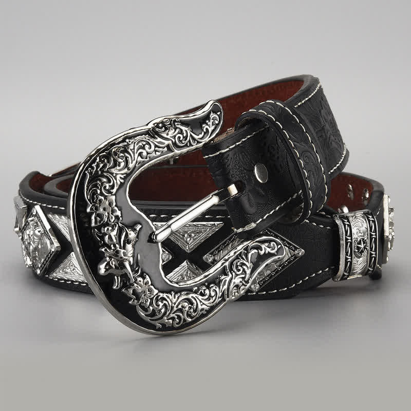 Men's Cowboy Western Carved Pattern Leather Belt