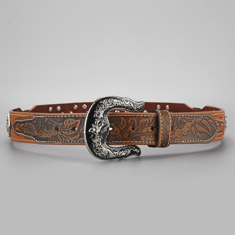 Men's Cowboy Western Carved Pattern Leather Belt