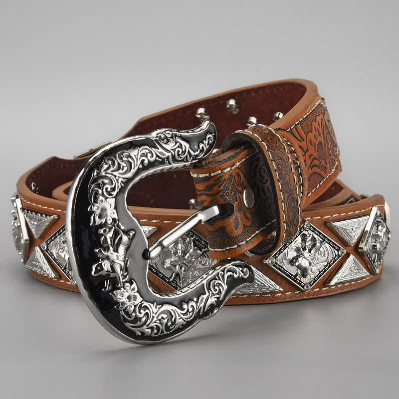 Men's Cowboy Western Carved Pattern Leather Belt