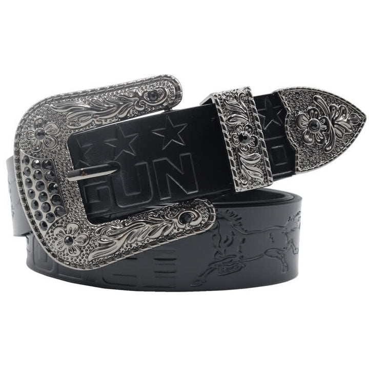 Men's Cowboy Pattern Carved Buckle Leather Belt