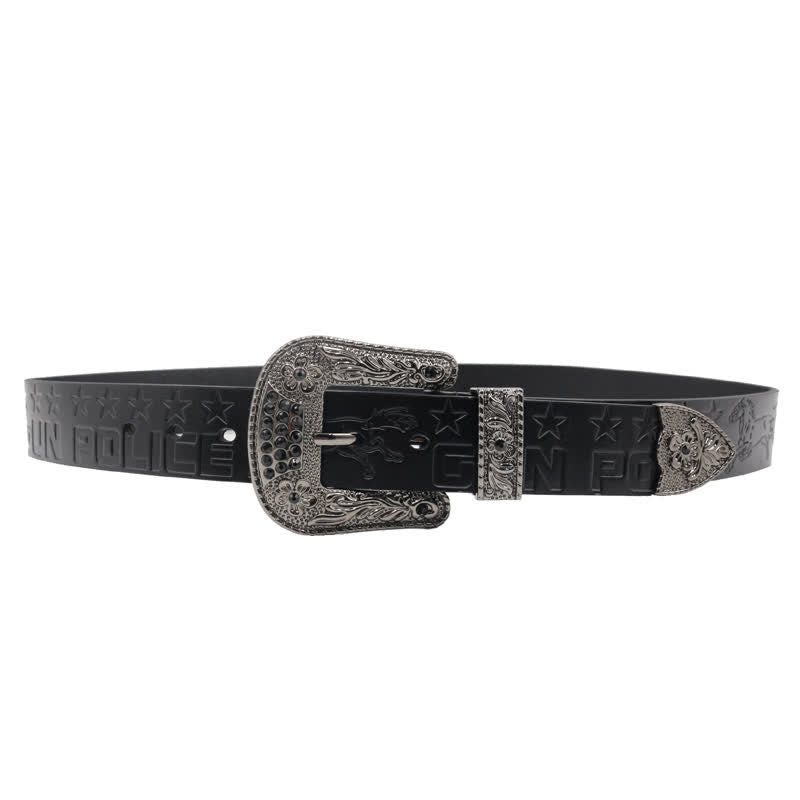 Men's Cowboy Pattern Carved Buckle Leather Belt