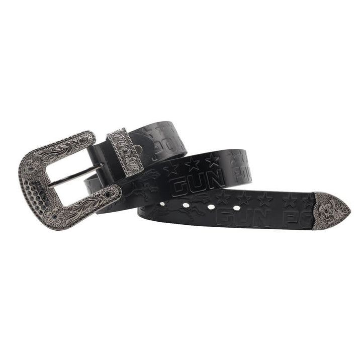 Men's Cowboy Pattern Carved Buckle Leather Belt