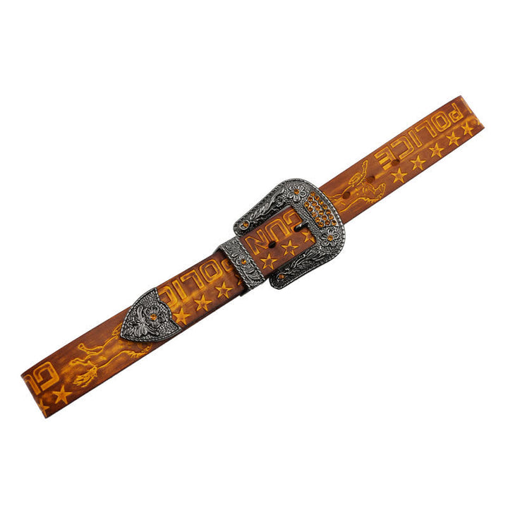 Men's Cowboy Pattern Carved Buckle Leather Belt