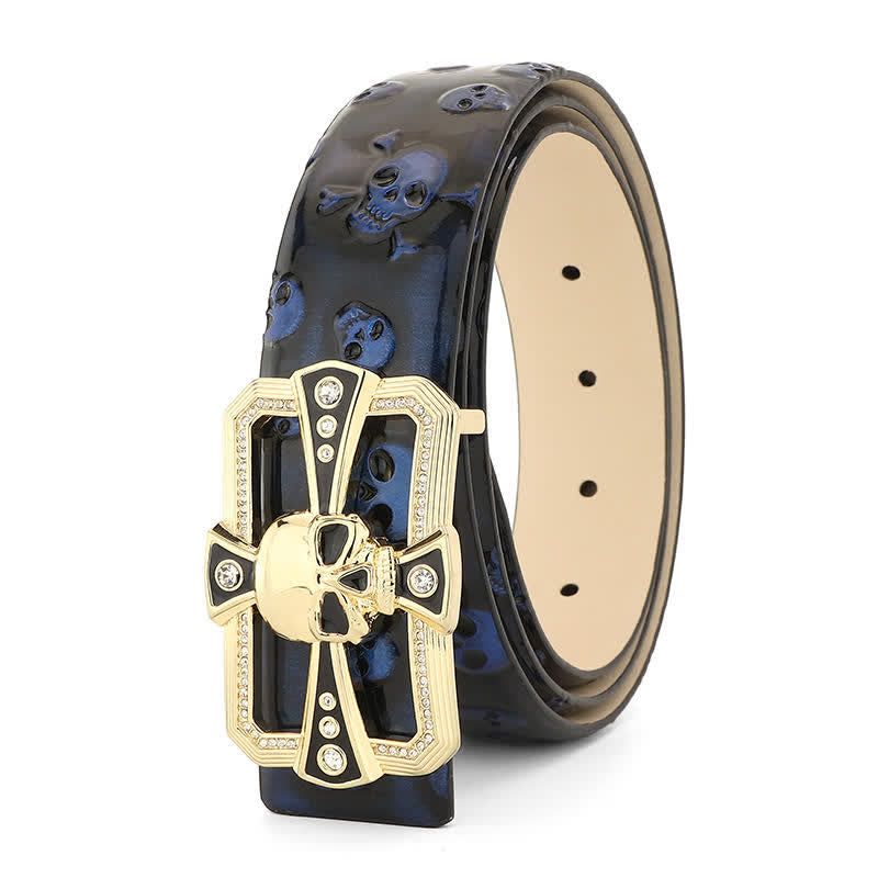 Men's Punk Rhinestone Skull Cross Pattern Leather Belt