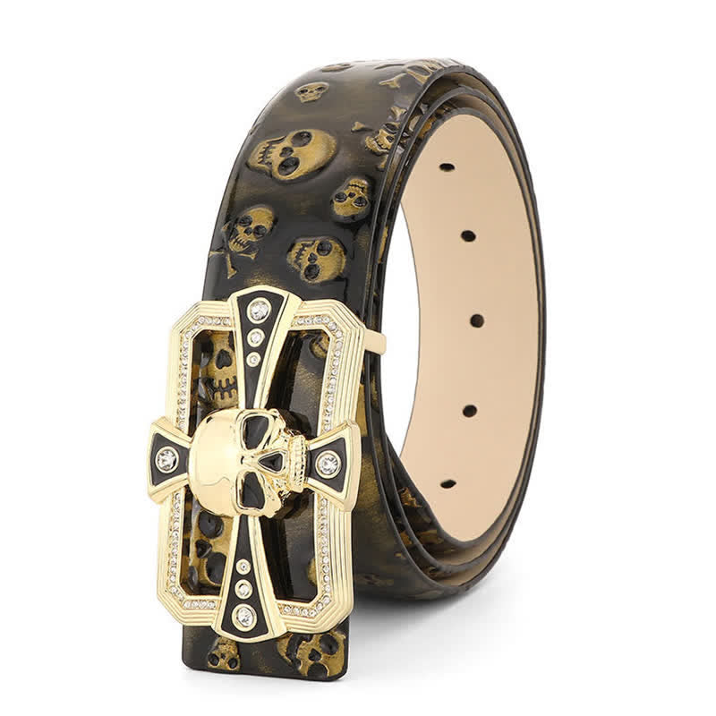 Men's Punk Rhinestone Skull Cross Pattern Leather Belt