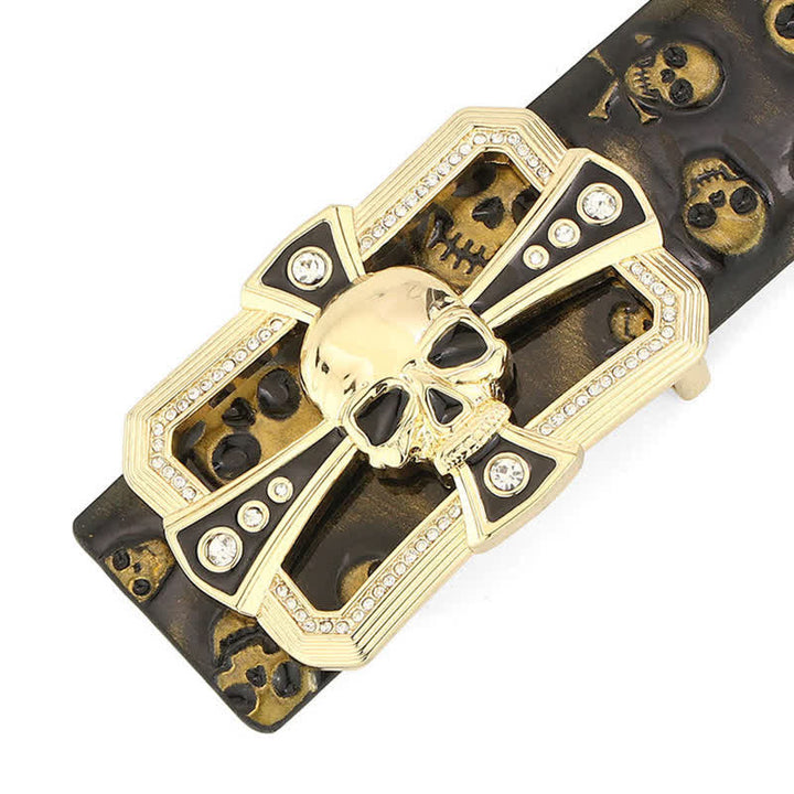 Men's Punk Rhinestone Skull Cross Pattern Leather Belt