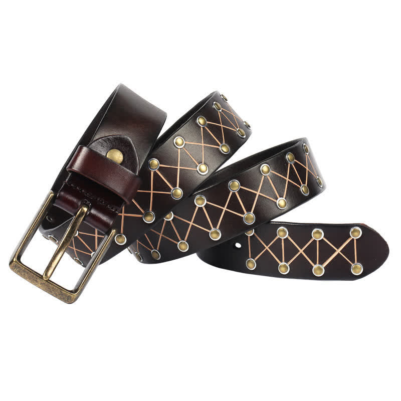 Men's Punk StyLe Rivets Studded Vintage Leather Belt - Brown - 44 - image 0
